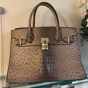 Taupe Ostrich Look Satchel Handbag and Wristlet